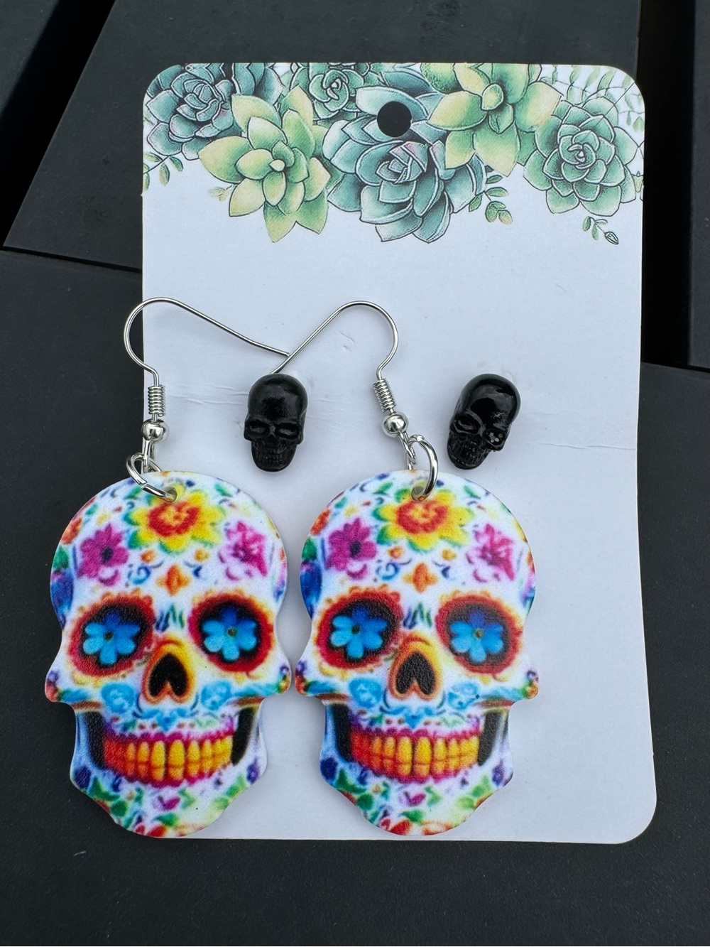 $12 or 3/$30! Skull Earrings-2 pair, Colorful Dangle and Black Studs